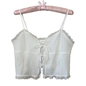 Kirious Los Angeles White Lace Trim Tie Front Boho Coquette Top Grunge Fairycore